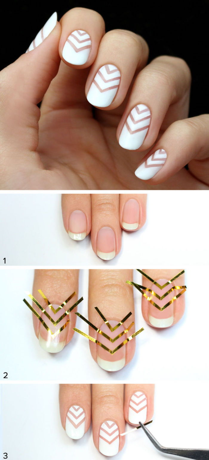 Nails mönster, nagel design i vitt med geometriska figurer