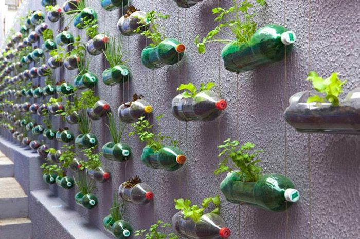 knutselen met plastic flessen, wandversiering, muur, tuindecoratie, hangende bloempotten