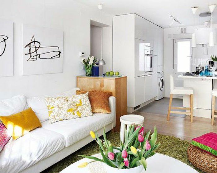 1 mažas gyvenamasis kambarys-nustatyti-patogi sofa, daug pagalvių Spalvingas tulpės