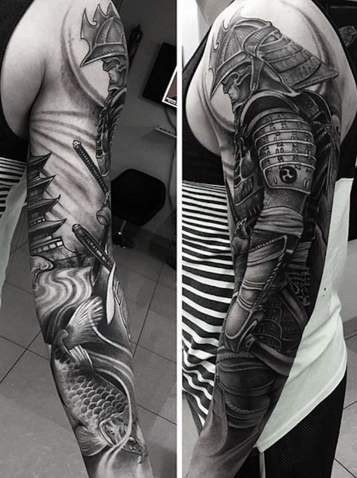 tatuagem de samurai, homem, capacete, manga de tatuagem, manga, tatuagem