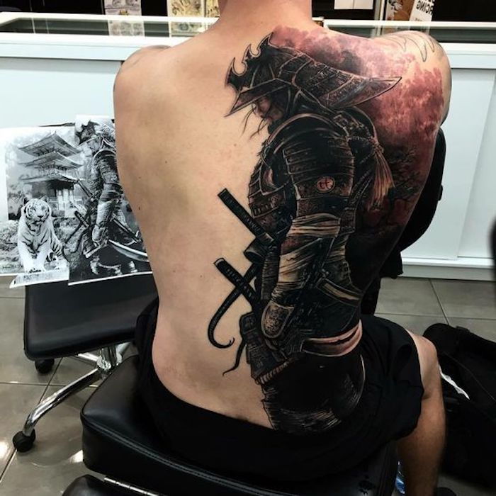 samurai tatuering, teckning, tiger, rygg, rygg tatuering