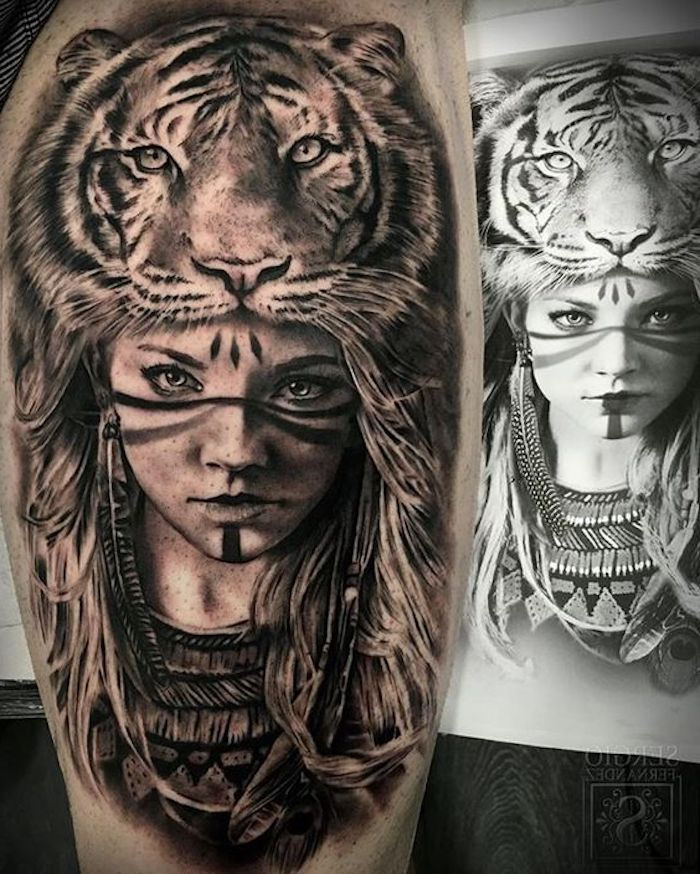 tiger tatuering, svart och vitt teckning, kvinna, fjäder, tiger huvud