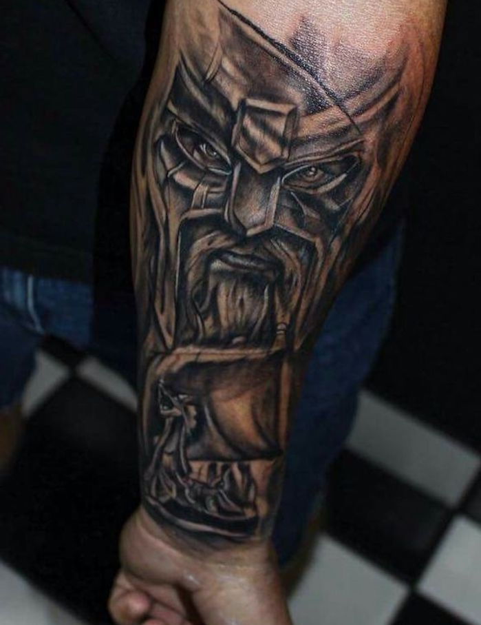 viking tatoveringer, viking med langt skjegg og hjelm, arm tattoo