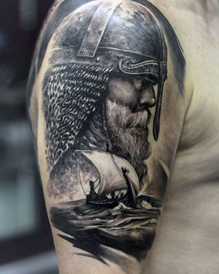 viking tatovering, hodet, fighter, viking, hjelm, skip