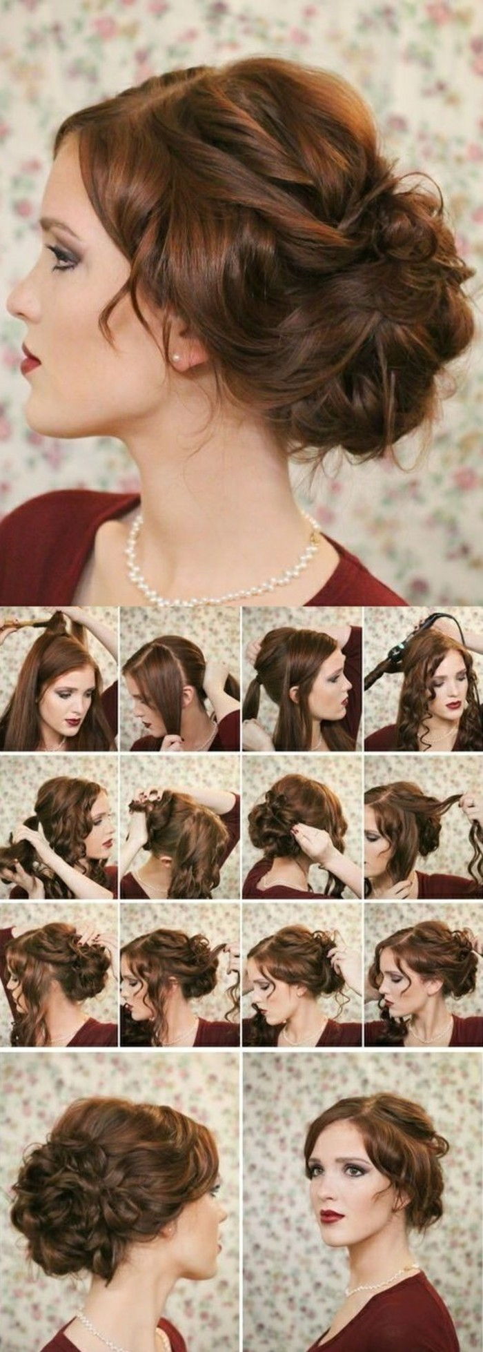10 updo účesy-yourself-make-tmavo hnedé vlasy-pin up-žena-červeno-blúzka-make-up