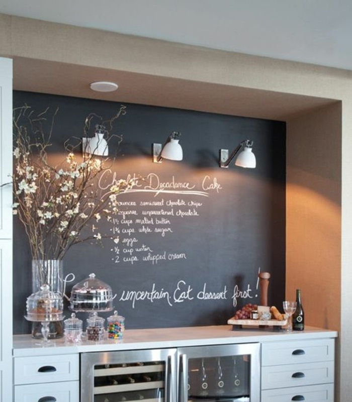Kreativni zidni dizajn v kuhinji s črno tablo