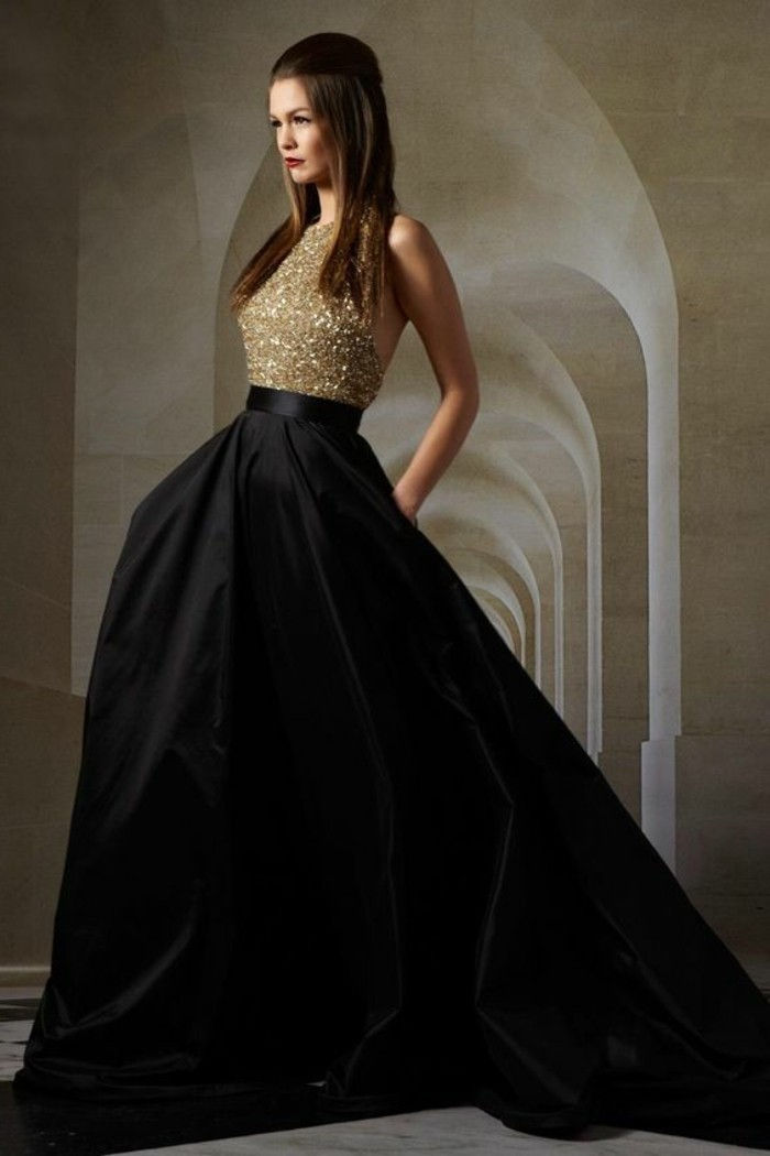 festtags módne večerné šaty v čiernej a zlatej-tmavo hnedá-hladký-vlasy-ženy