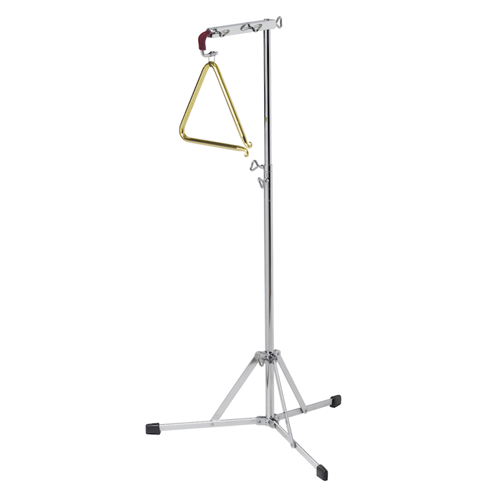 Jeklena trikotna stojnica s tremi nogami, vsaka s plastičnim zamaškom, mehanizem za nastavitev višine stojala, jekleni trikotnik z zlato barvno prevleko