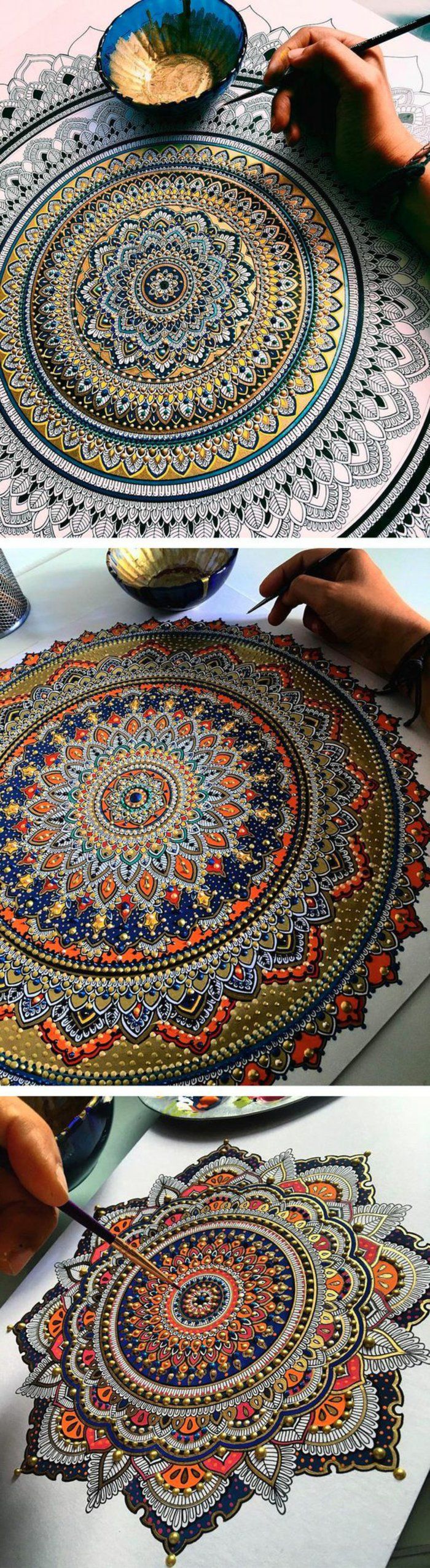 malować ogromne mandale z akwarelami, różne mandale w różnych kolorach