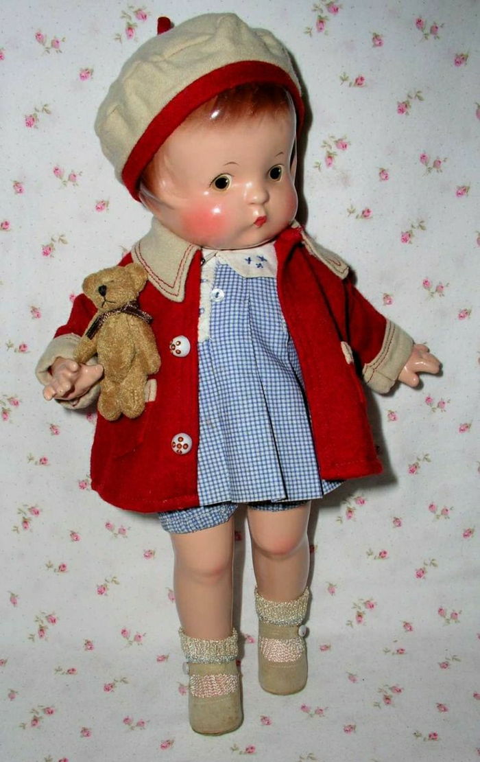 1929-ročník bábika Red Coat Hat Plaid Dress