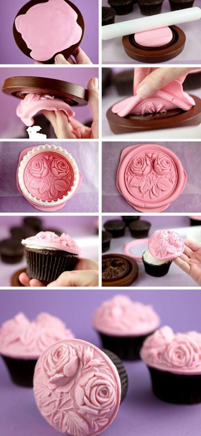 cupcakes dekorere med rosa fondant, rund form