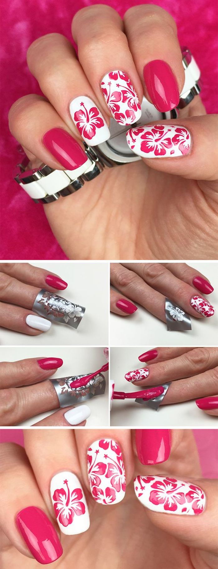 Nails mønster, spiker design i rosa og hvitt med blomster