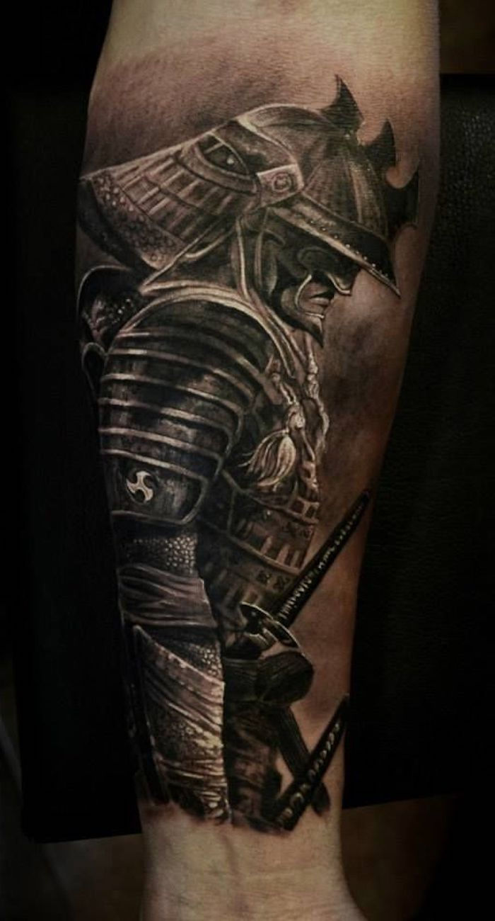 Fighter tatuering, underarm tatuering, underarm tatuering i svart och grått