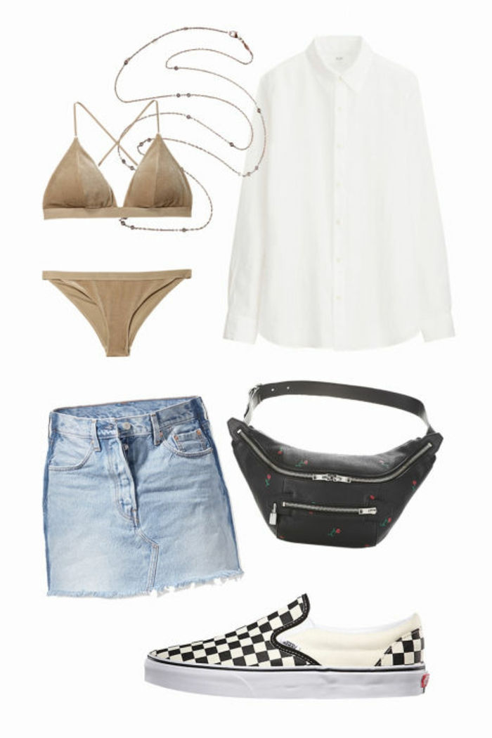 Plážové oblečenie pre ženy, biela hodvábna košeľa, sametové bikiny, čierna pásová taška, denimová sukňa, brušný reťaz