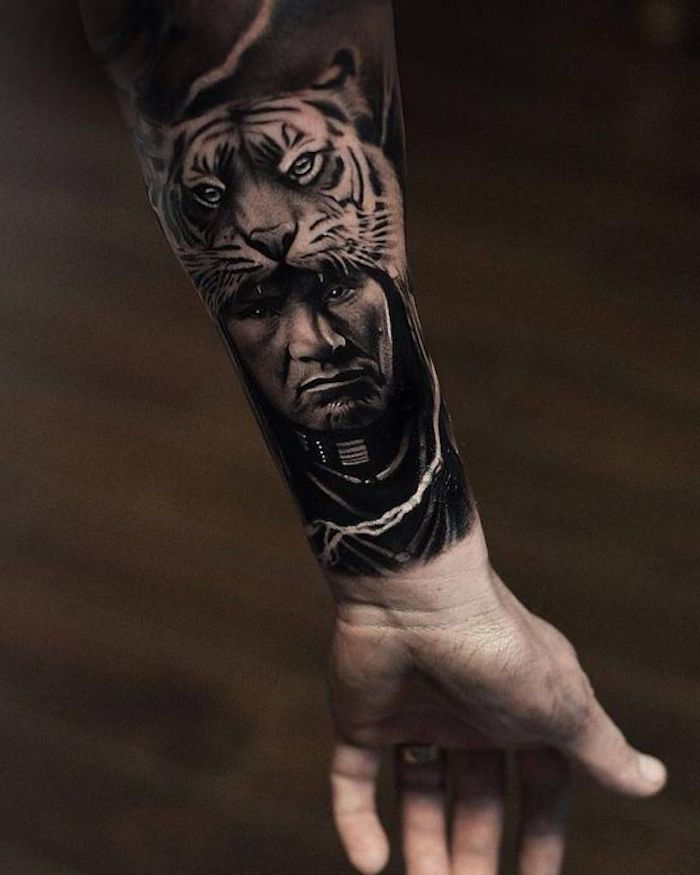 tiger tatuering, arm, man, tiger huvud, arm tatuering