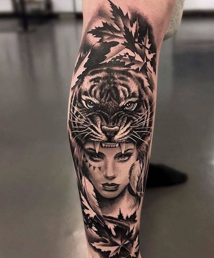 tatuaggio di tigre, donna, testa di tigre, foglie, tatuaggio