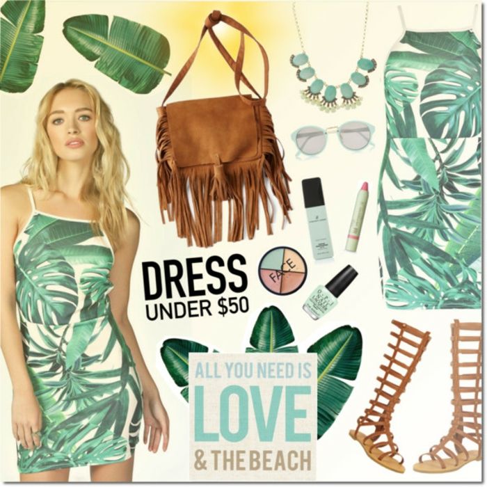 Plážové dámske módy, šaty so zelenými listami, rímsky sandále v hnedej, velúrovňovej taške pre ženy
