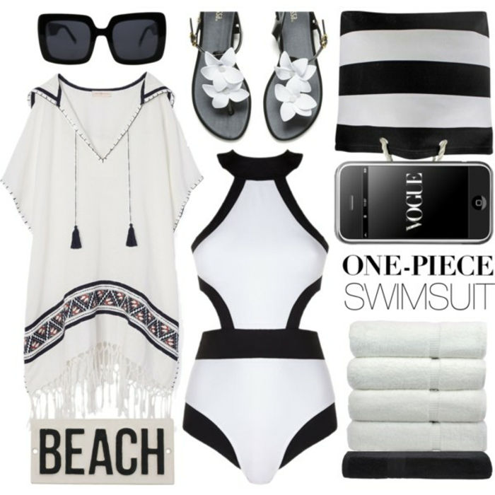 Plážové dámske módy, biela tunika s strapcami a kapucňou, plavky jednodielne, taška s bielymi pruhmi