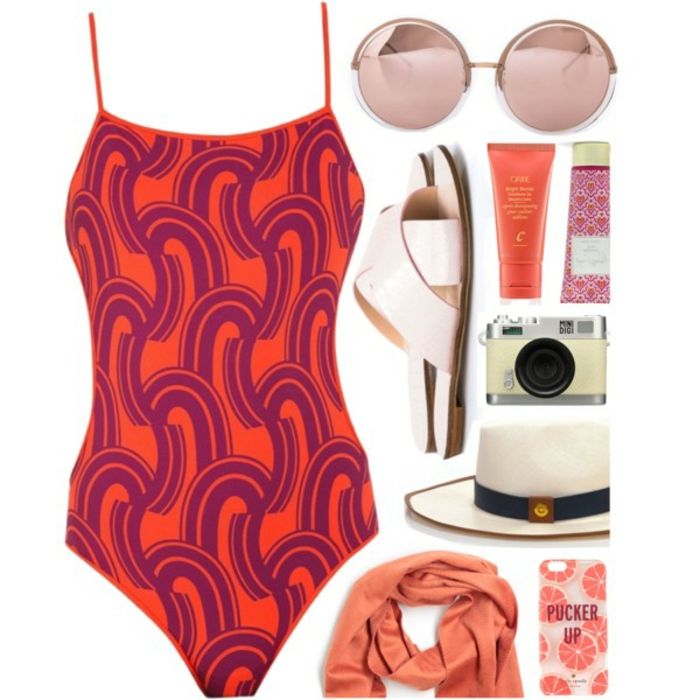 vintage swimsuit singlet, paplūdimio mados ponios, maudymosi kostiumėlis su spauda, ​​apvalios rožinės akiniai nuo saulės, kosmetika