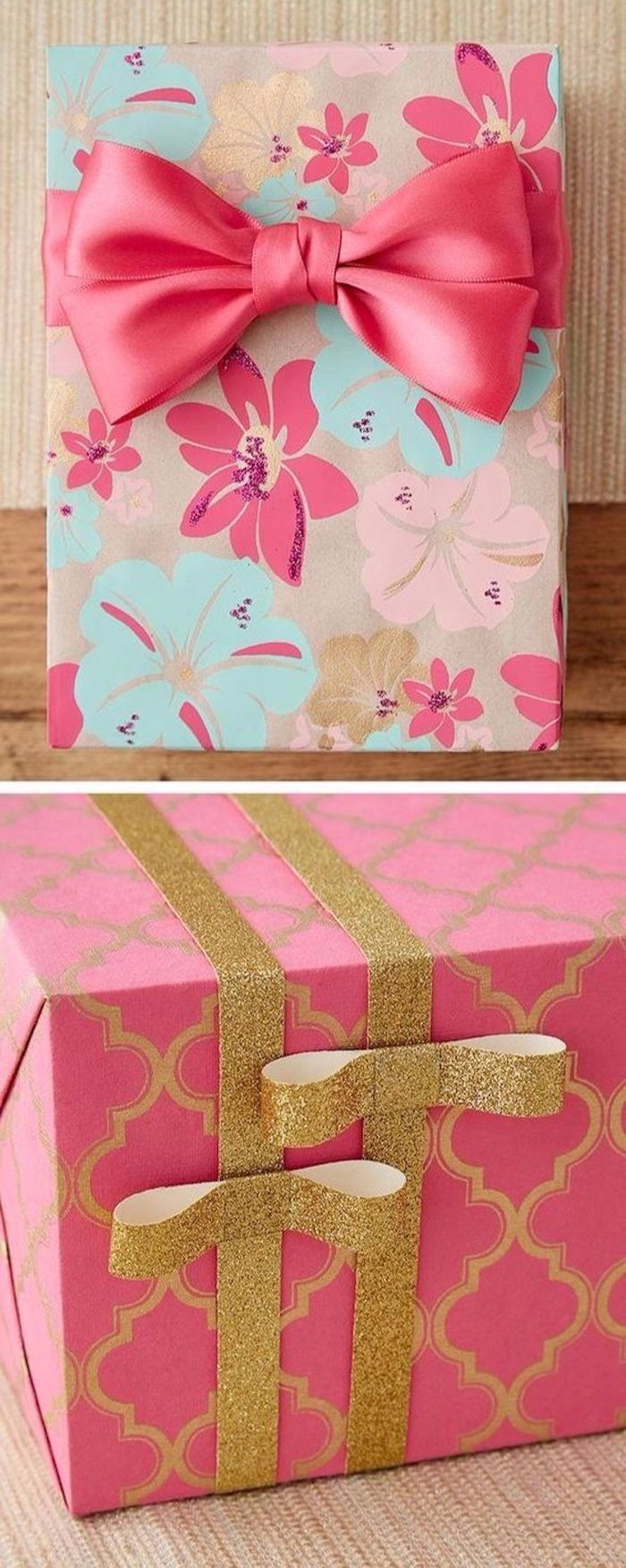 Nápady na balenie darčekov, farebný baliaci papier s kvetmi, ružová stuha