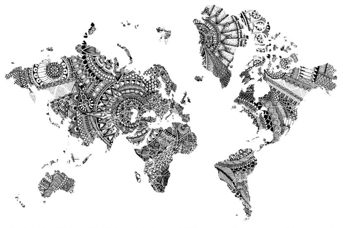 svartvitt världskarta över små mandalaer, kontinenterna, alla oceaner och oceaner i världen