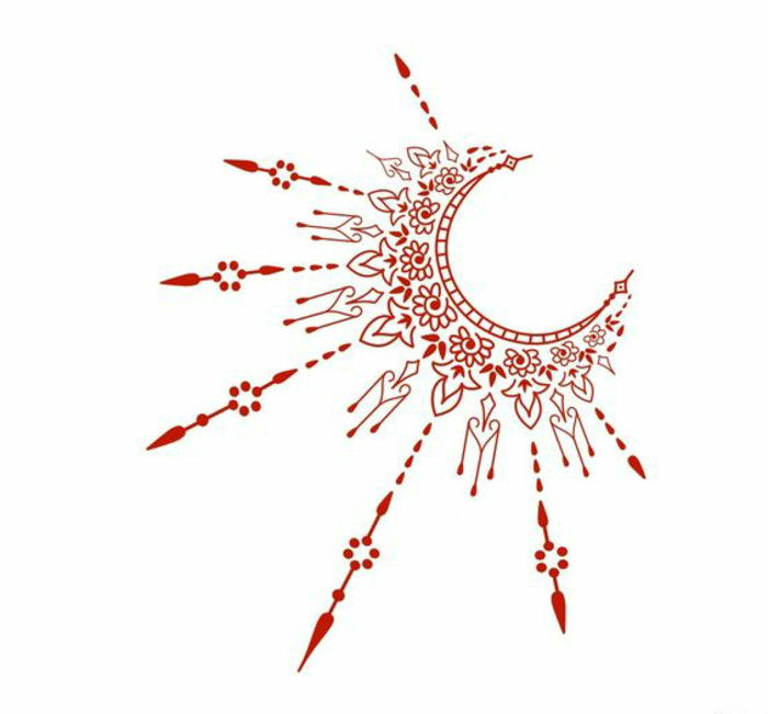 Model de tatuaj Henna în roșu, jumătate de lună, raze de soare, puncte, forme ascuțite, motive de plante