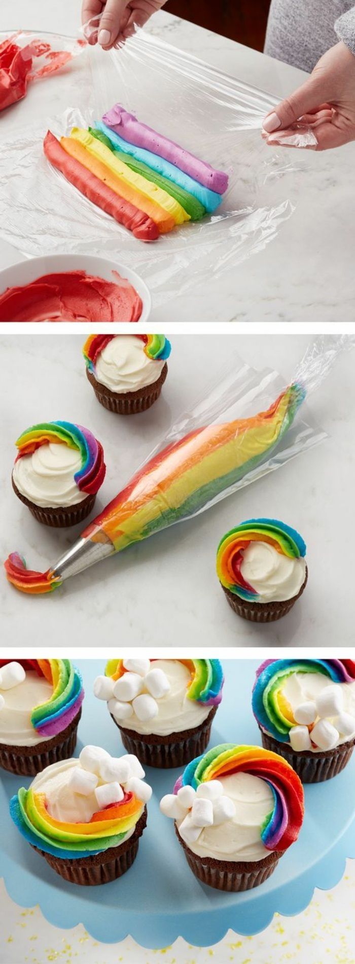 cupcakes dekorere med krem ​​i regnbuens farger