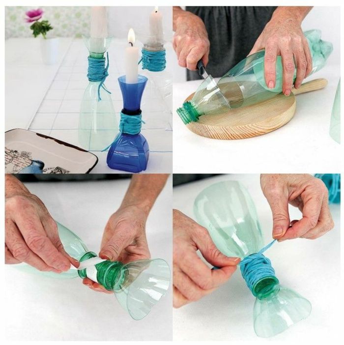 puošti plastikiniais buteliukais, pjaustyti plastikinį butelį, prižiūrėti žvakidėles, žvakės