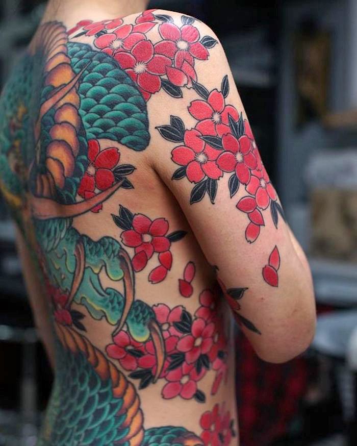 tatuaj de flori de cireșe colorate pe întreg spatele, tatuaj japonez