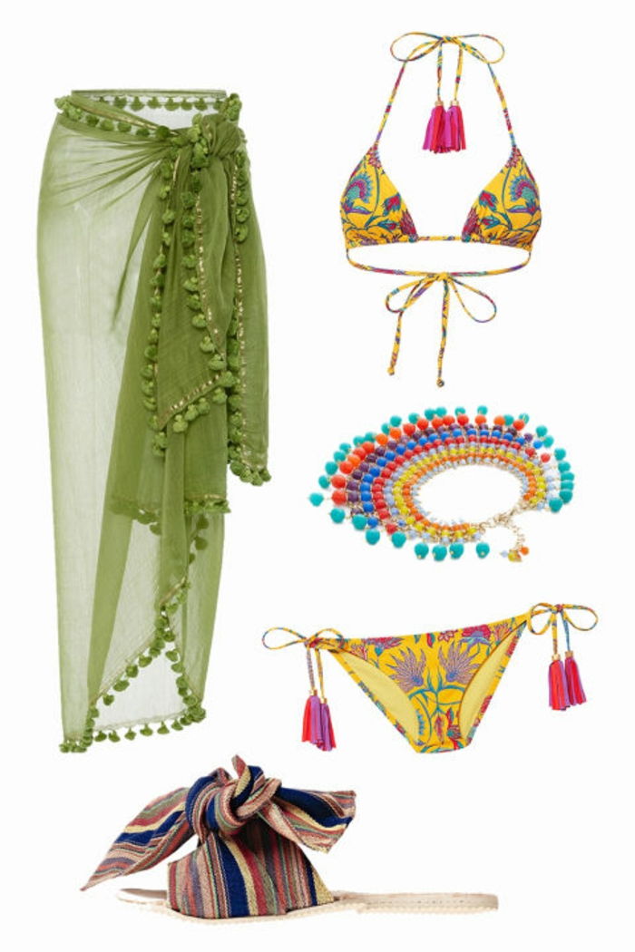 Plážové oblečenie pre rok 2017, zelené pareo s strapcami, žlté bikiny s kvetinovými motívmi, farebný perlový náhrdelník,