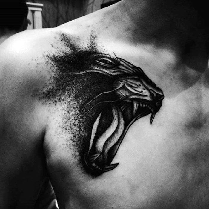 tatuaggio di tigre, uomo, tatuaggio del seno, testa di tigre in bianco e nero