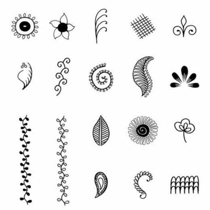 Modelul de tatuaj Henna - forme diferite, flori, frunze de plante, pene, culoare neagră