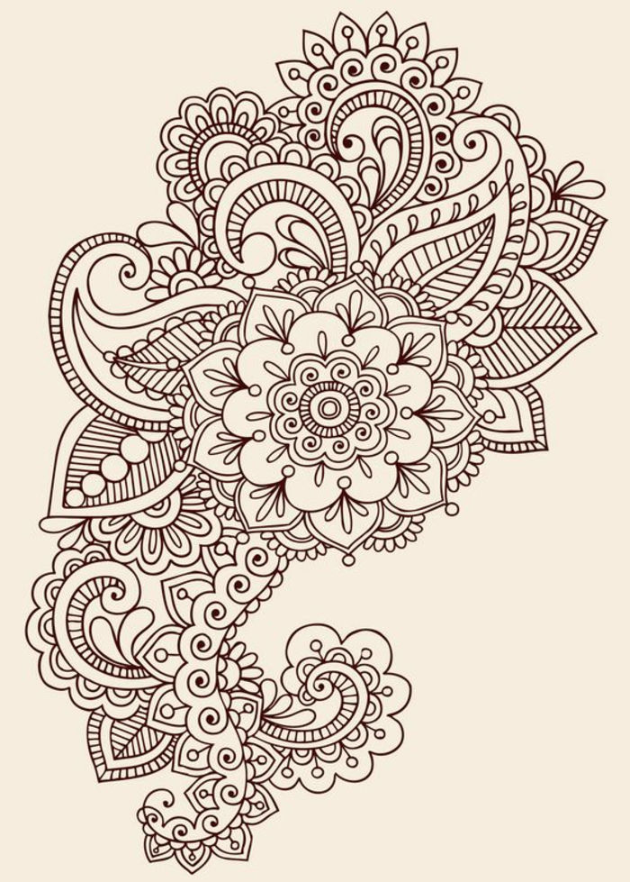 Henna tatueringsmönster med blommiga motiv, stor tatuering bakom, blom tatuering mönster