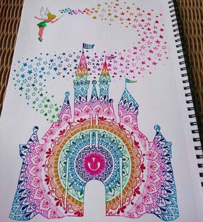 Pintura mandala castelo com cores intensas, Tinckerbell encantado, fada com asas, bloco de pintura com espiral preta