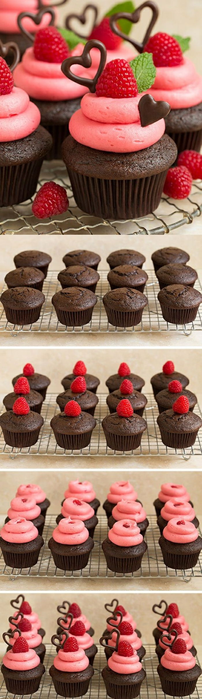 Cupcakes dekorert med jordbær, peppermynte og sjokoladehjerter