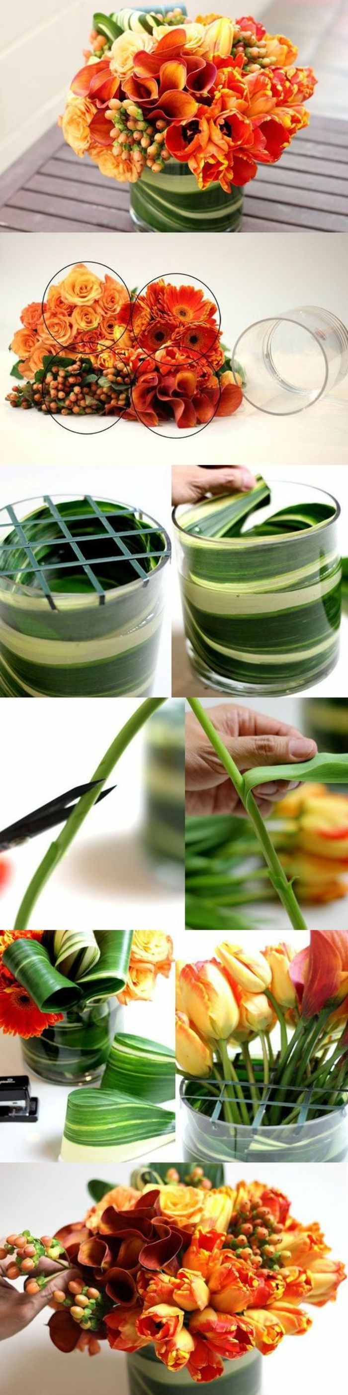 naredite dekoracijo mize, okrasite stekleno vazo z oranžnimi rožami in zelenimi listi