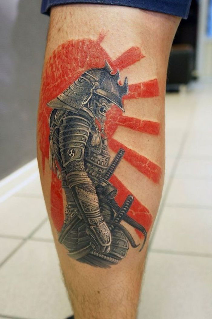 Tatuagem de lutador, perna, beintattoo, sol vermelho, samurai