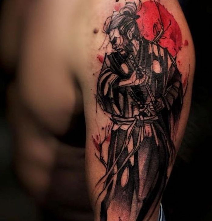 tatuagem de samurai, homem, braço, tatuagem de braço, sol vermelho