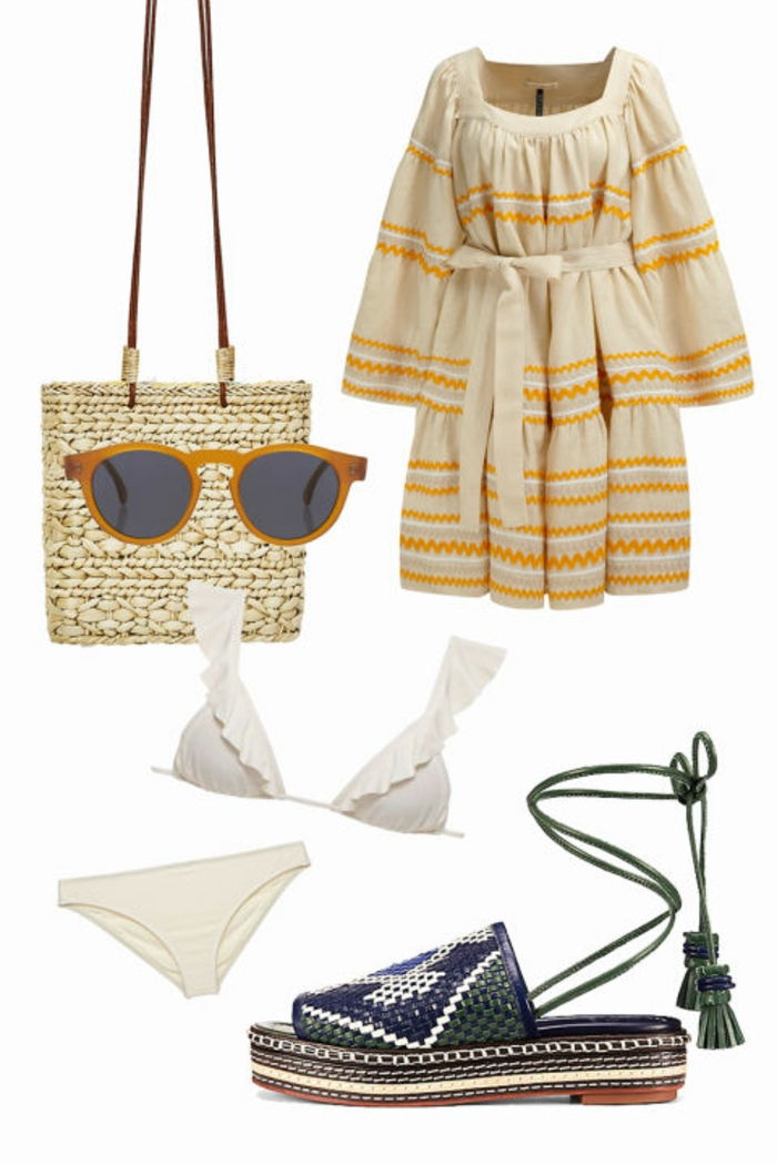 Plážové oblečenie, pletená taška, pruhované šaty v béžovej farbe, opasok, biele bikiny, plošinovka