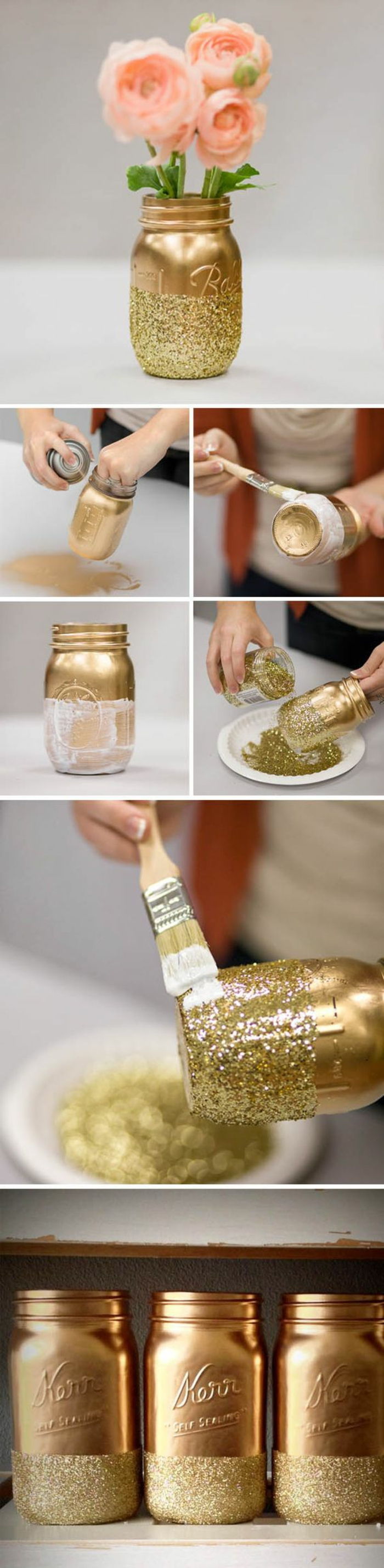 Urobte si stolovú výzdobu, vázu mason sklenenej nádoby zdobené zlatou farbou a trblietavosťou