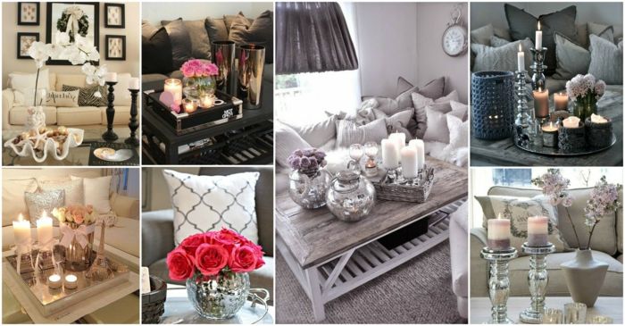 olika vardagsrum dekoration idéer för soffbord med blommor och ljus