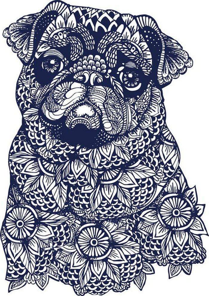 Obrazki do kolorowania, pies mops ze smutnymi oczami i smutną twarzą, motywy kwiatowe