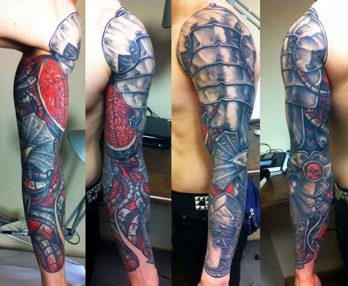 tattoo sjablonen mannen, man met gekleurde mouw tattoo