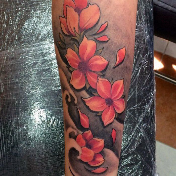 tatuaj de cireșe pe antebraț, tatuaj cu valuri de apă și flori roșii
