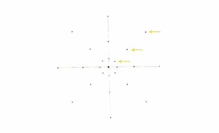 Måla mandala, koppla punkter med vertikala och horisontella linjer, dra punkter diagonalt, gula pilar