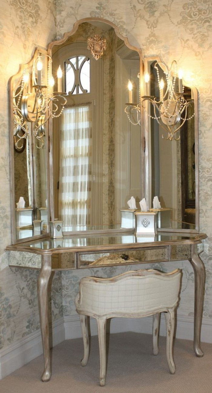 5-toaletný stolík-komody retro béžovej tapety, zrkadlovo s podsvietením