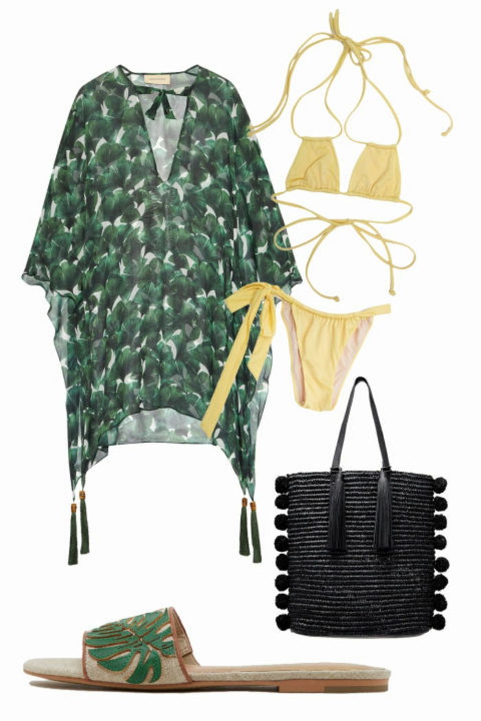 Plážové oblečenie pre Brazíliu, zelená tunika s vzorom, letné topánky s motívmi listov, čierna pletená taška s strapcami, žlté bikiny