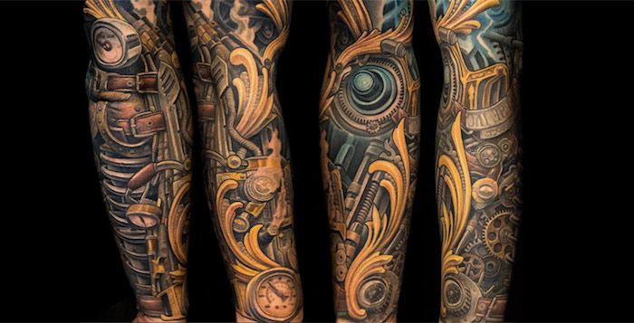 biomechanische tatoeage op de arm, biomechanische tatoeage
