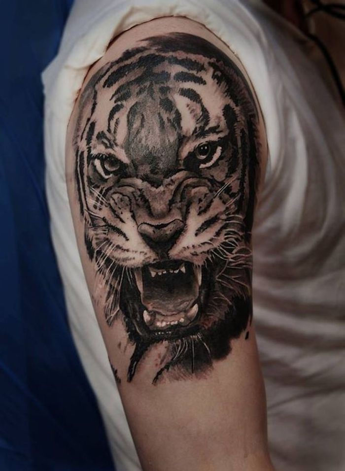tiger tatuering, man, övre arm, övre arm tatuering, vit t-shirt