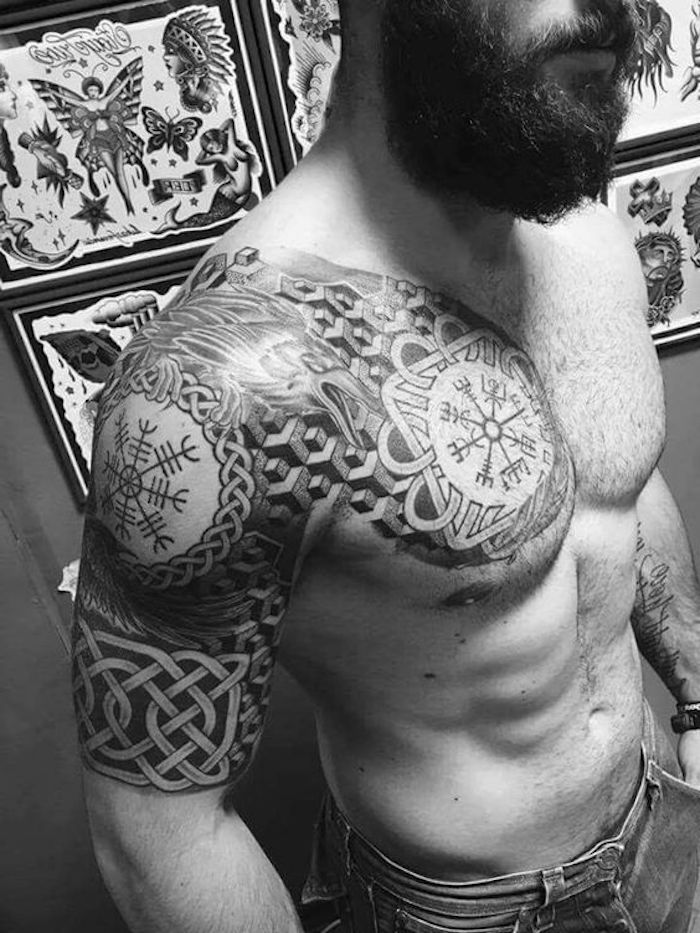 viking tatovering, bryst, underarm, tatovering, mann med langt skjegg
